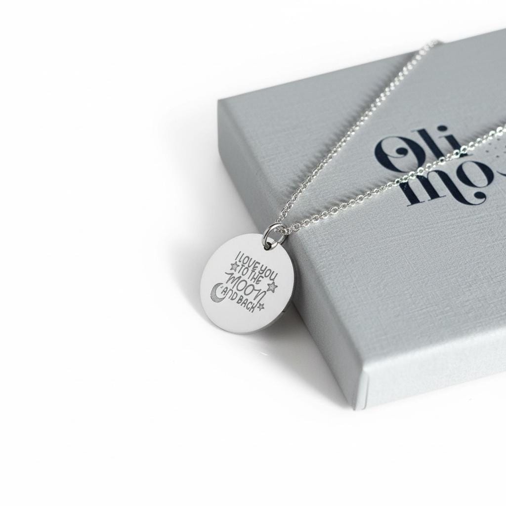Personalised Love You To The Moon, Name & Date Necklace, Custom Engraved Round Charm Necklace, Meaningful Gift for valentines, Anniversary