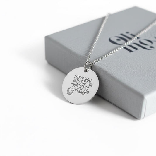 Personalised Love You To The Moon, Name & Date Necklace, Custom Engraved Round Charm Necklace, Meaningful Gift for valentines, Anniversary