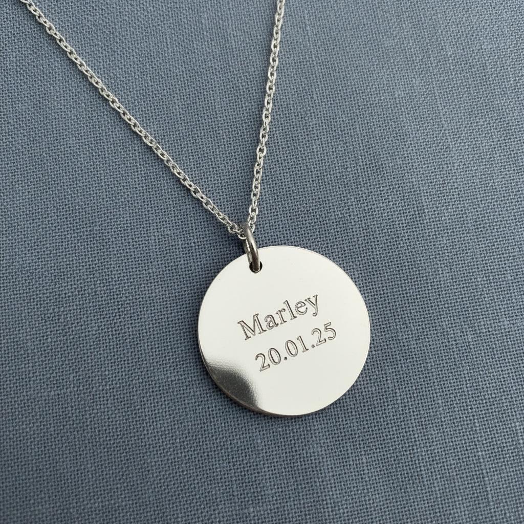 Personalised Love You To The Moon, Name & Date Necklace, Custom Engraved Round Charm Necklace, Meaningful Gift for valentines, Anniversary