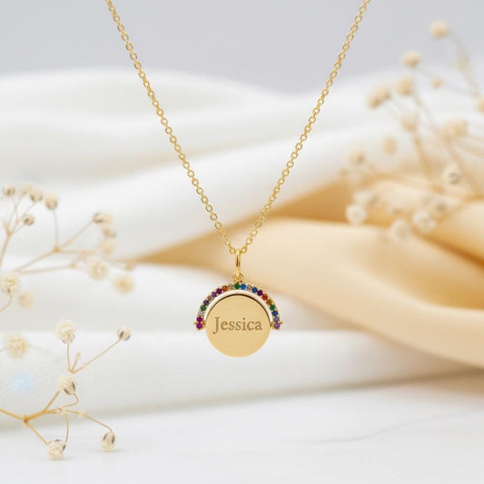 Personalised Gold Rainbow Spinner Name Necklace, Engraved Disc Necklace, Double Sided Engraving, 18ct Gold Plated Sterling Silver Gift
