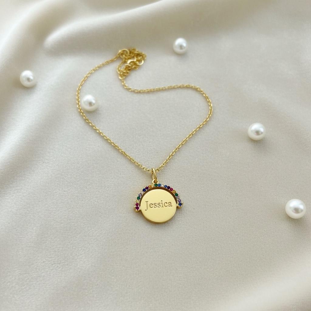 Personalised Gold Rainbow Spinner Name Necklace, Engraved Disc Necklace, Double Sided Engraving, 18ct Gold Plated Sterling Silver Gift