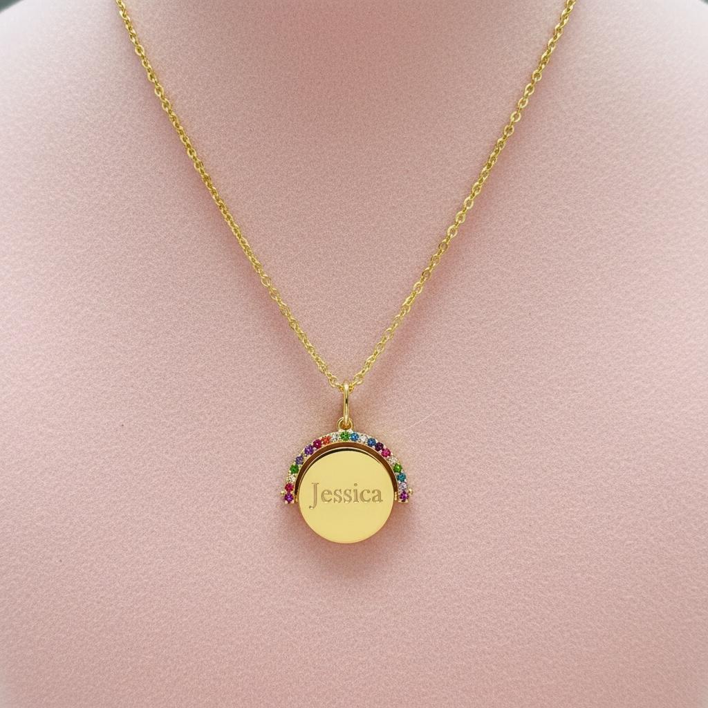 Personalised Gold Rainbow Spinner Name Necklace, Engraved Disc Necklace, Double Sided Engraving, 18ct Gold Plated Sterling Silver Gift