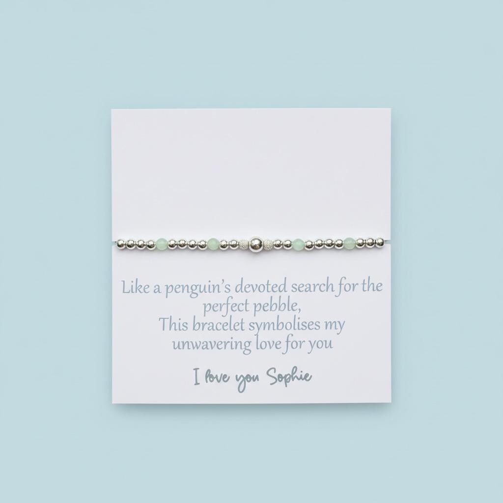 Personalised Penguin Bracelet, Amazonite Bead Bracelet, Custom Initial Charm Gift, Love Pebble Bracelet, Girlfriend Gift, Anniversary Gift