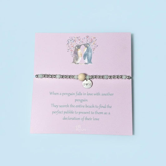 Personalised Penguin Bracelet, Amazonite Bead Bracelet, Custom Initial Charm Gift, Love Pebble Bracelet, Girlfriend Gift, Anniversary Gift
