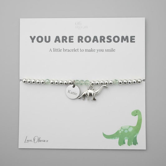 Personalised Dinosaur Bracelet, You Are Roarsome Gift, Kids Bracelet, Name Charm Bracelet, Gift for Girl, Birthday Gift, Handmade UK
