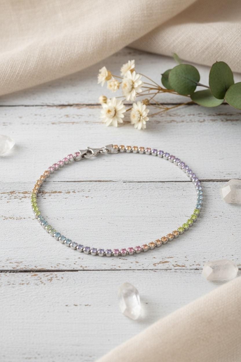 Sterling Silver Rainbow CZ Bracelet Pastel Bracelet Dainty Colourful Bracelet Gift for Her Optional Personalised Gift Bag free delivery