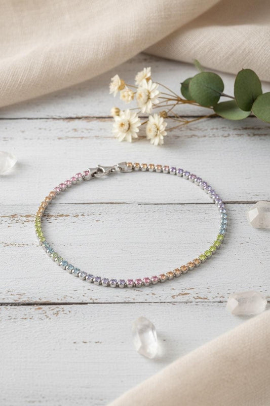 Sterling Silver Rainbow CZ Bracelet Pastel Bracelet Dainty Colourful Bracelet Gift for Her Optional Personalised Gift Bag free delivery